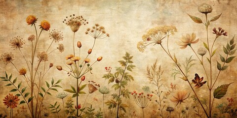 Naklejka premium A Symphony of Dried Blooms Adorns the Antique Paper, a Tapestry of Delicate Nature, Captured in Time