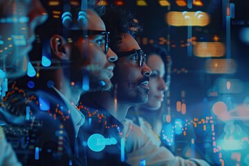 Fototapeta premium Global team collaboration with forex analysis hologram.