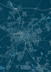 Map of Ulm, Germany, rendered in a minimalist style. The map features a deep blue background with white lines representing roads, streets, and waterways.