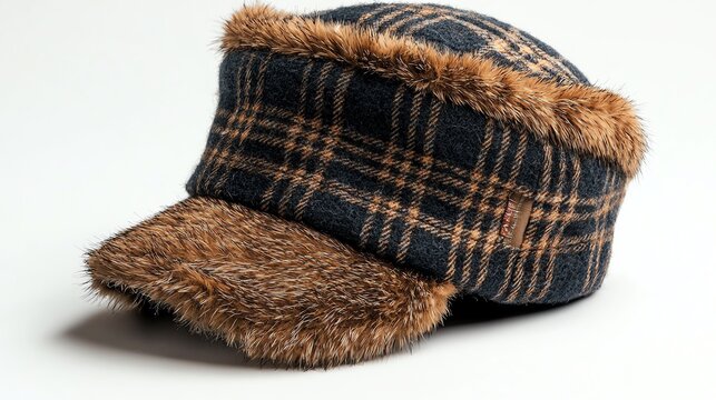 Winter trapper hat in faux fur and plaid fabric, laid flat on white background, showcasing both material textures