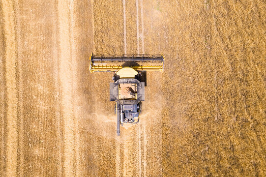 Aerial view of agricultural fields with harvesting tractors and golden wheat patterns, Cherna Mogila, Bulgaria.