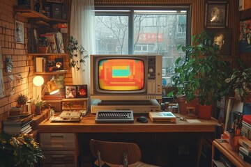 A retro desk setup with an old monitor. Generative AI