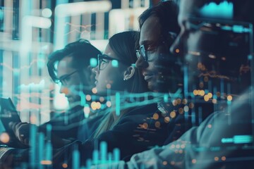 Young business people working together with gadgets and digital graphs.