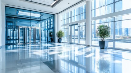 Modern Lobby with Glass Windows and Plants