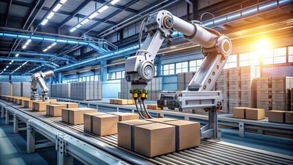 Naklejka premium Automated Packaging System with Robotic Arms Sorting Parcels on a Conveyor Belt in a Modern Warehouse