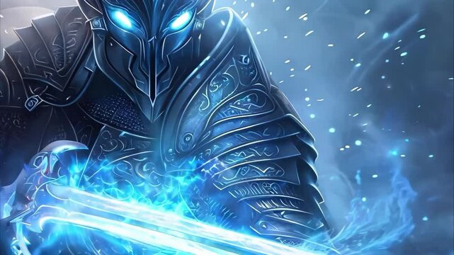 A fantasy warrior in shining armor wielding a glowing blue sword, surrounded by a mystical, foggy atmosphere.