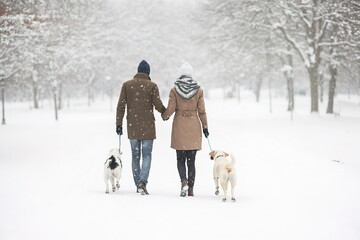 Couple walks dogs in snowy park, serene winter scene