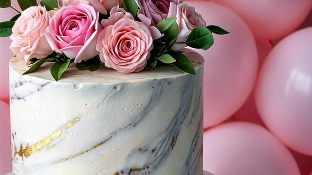 Elegant marble-patterned cake adorned with pink roses and balloons, ideal for weddings and anniversaries