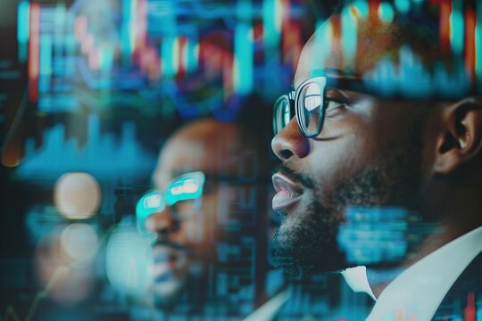 Collaborative portrait of diverse professionals with financial analysis concept.