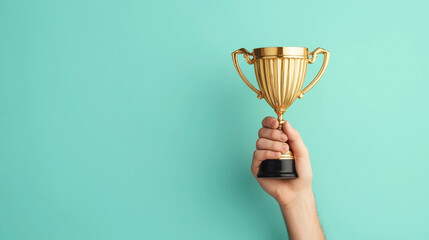 Hand holding a shiny golden trophy against a plain turquoise background, symbolizing achievement and success.