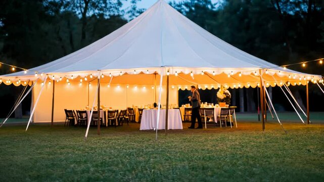 Elegant outdoor wedding reception under a lit tent with tables, ideal for spring events