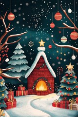 Fototapeta premium Christmas eve with burning fireplace, presents and snowing outside