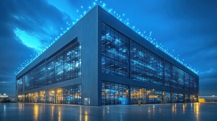 Fototapeta premium Modern Glass-Faced Industrial Building at Dusk