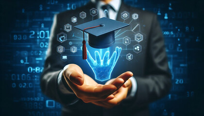 A man holding a virtual graduation cap and file icon on his hand. depicting a technology education concept with a blue background
