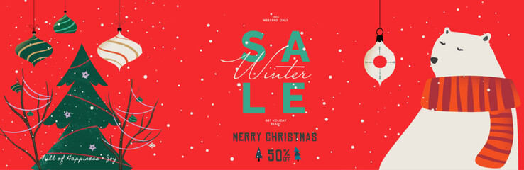 Merry Christmas and happy new year  sale banner! Minimal Xmas design with Christmas tree branches, balls and snowflakes. Modern art design for greeting card, poster, ads template, web, holiday cover.