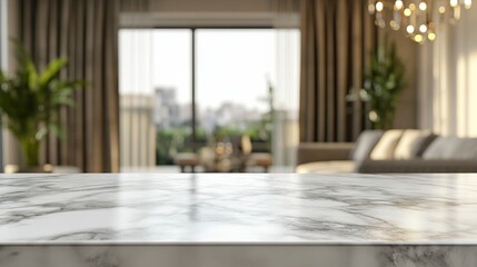 Fototapeta premium Elegant marble countertop with copy space for product placement, set against a stylish, blurred living room interior background