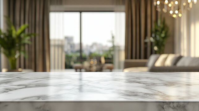 Elegant marble countertop with copy space for product placement, set against a stylish, blurred living room interior background