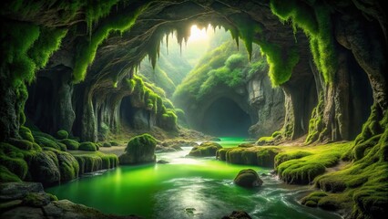 Fototapeta premium A sea of green slime covering a dark and mysterious cave entrance, green slime, forest surroundings