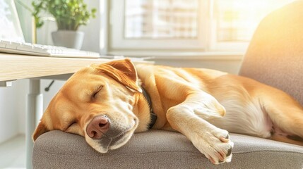 Pet-friendly workspace concept. A peaceful dog sleeps soundly on a cozy chair basking in warm sunlight streaming through the window