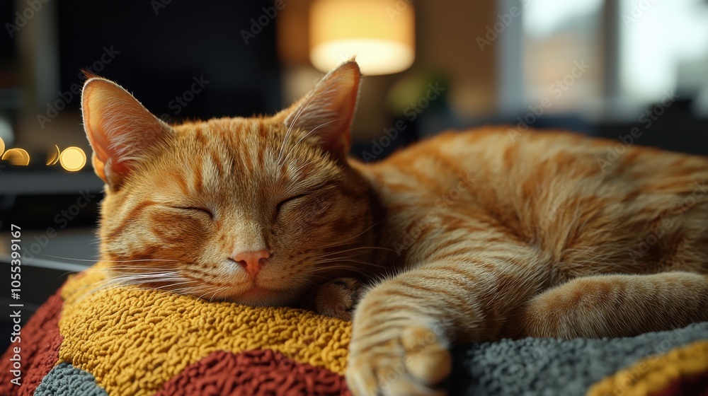 Sticker Pet-friendly workspace concept. A peaceful orange cat sleeps soundly on a colorful blanket radiating warmth and comfort in a cozy home environment