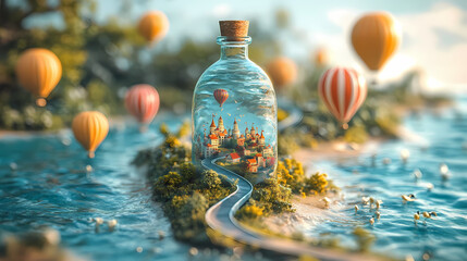 A miniature cityscape with a winding spiral road inside a transparent glass bottle. The road twists up like a spiral staircase, leading to tiny buildings, trees, and lampposts along the way.