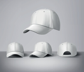 White baseball caps mock up with logo in gray background, front sides. For branding and advertising.