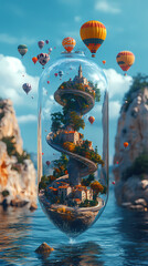 A miniature cityscape with a winding spiral road inside a transparent glass bottle. The road twists up like a spiral staircase, leading to tiny buildings, trees, and lampposts along the way.