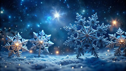 Fototapeta premium A winter wonderland with sparkling snowflakes resting in a blanket of fresh powder, illuminated by a celestial glow and twinkling lights.