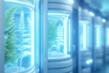 Futuristic botanical archive with glowing fern displays