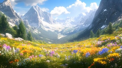 A mountain meadow filled with wildflowers and surrounded by towering peaks © Tonadech
