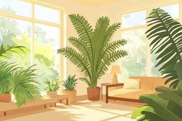 Fototapeta premium Sunny room filled with lush green plants and comfy sofa