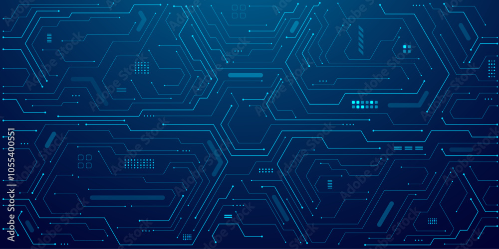 Poster Abstract technology background. AI circuit board with electronics elements in electric blue on tech bg. Artificial Intelligence chip or semiconductor with connected line. Digital vector illustration.