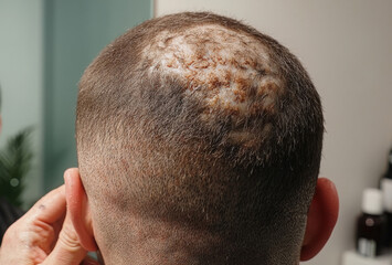 Man examining his scalp showing signs of healing after a hair restoration procedure