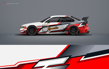 Racing Car sedan branding mockup with racing wrap decal or livery design, Abstract racing graphics white with backround. Editable vector template