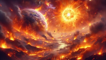Obraz premium Destruction of a planet ,planet ruin scene , a burning planet ai gen
