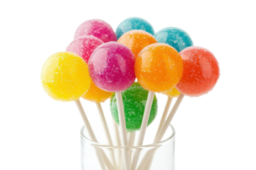 Vibrant assortment of colorful lollipops displayed in a glass against a white background
