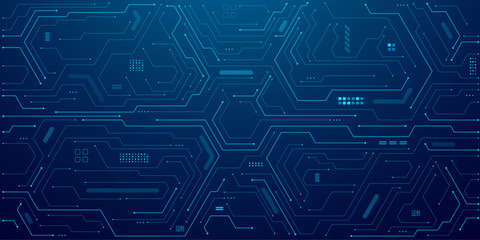 Abstract technology background. AI circuit board with electronics elements in electric blue on tech bg. Artificial Intelligence chip or semiconductor with connected line. Digital vector illustration.