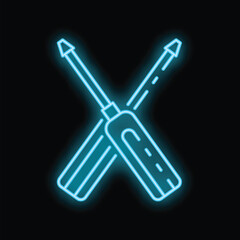 Blue neon icon of two crossed screwdrivers glowing on dark background, representing technical support and repair service