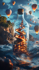 A miniature cityscape with a winding spiral road inside a transparent glass bottle. The road twists up like a spiral staircase, leading to tiny buildings, trees, and lampposts along the way.