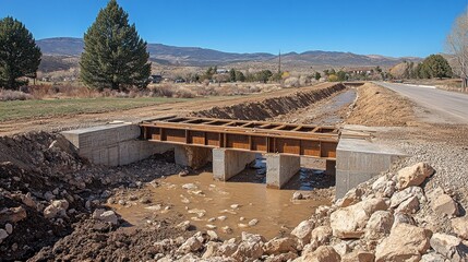 A Rusty Steel Bridge Under Construction Over a Creek