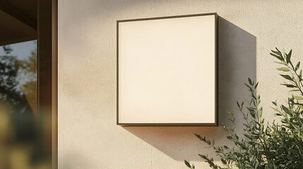  Square light box empty display on beige concrete wall outdoors, mock up. created with Generative AI technology