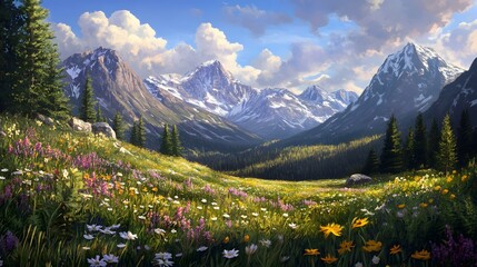 A mountain meadow filled with wildflowers and surrounded by towering peaks © Tonadech