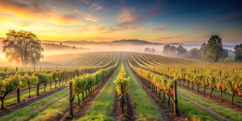 Fototapeta premium Early morning mist over a vineyard landscape with rows of grapevines, early morning, grapes, winemaking