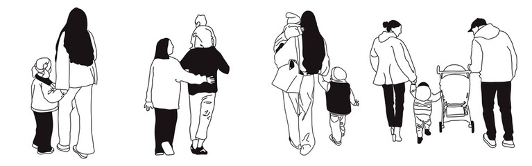 Hand-drawn doodle family icon set. Outline family clipart. Hand-drawn black art.