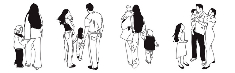 Hand-drawn doodle family icon set. Outline family clipart. Hand-drawn black art.