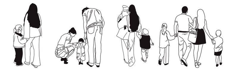 Hand-drawn doodle family icon set. Outline family clipart. Hand-drawn black art.