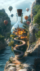 A miniature cityscape with a winding spiral road inside a transparent glass bottle. The road twists up like a spiral staircase, leading to tiny buildings, trees, and lampposts along the way.