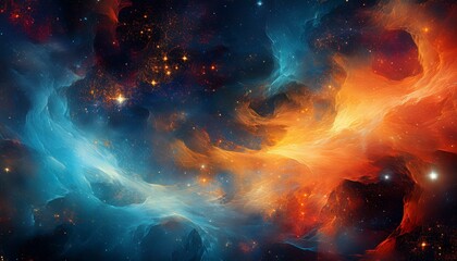 Grainy outer space nebula background with a grunge noise texture blending blue, orange, red, and black, ideal for cosmic designs and digital art