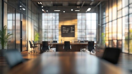Modern office hall interior with glass-walled meeting room, featuring blurred background for a professional and corporate workspace setting