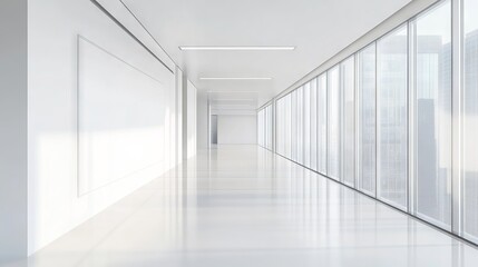 Modern white office interior with blank mock-up wall for custom design display, minimalist workspace with desk, chair, and natural lighting